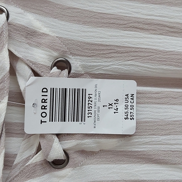 NWT Taupe Stripe Gauze Lace-up Dolman Blouse Size 1/14-16 - Picture 6 of 6
